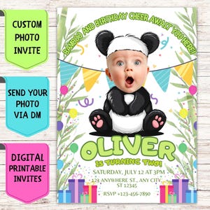 Convite de aniversário de panda, convite de aniversário com foto de rosto personalizado, cartão de comemoração digital personalizado para festa de aniversário infantil PandaA