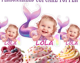 Gepersonaliseerde cupcake-topper met zeemeermingezicht: Under the Sea-verjaardag (digitaal bestand)