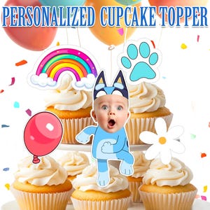 Bluey Geburtstag Cupcake Topper SET, personalisierte Bluey fünf Cupcake Topper Set, druckbare Bluey fünf thematische Cupcake Topper