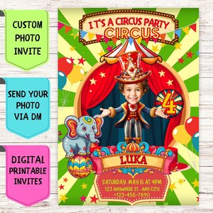 Faire-part d'anniversaire cirque, faire-part d'anniversaire personnalisé avec photo de visage, carte de célébration numérique personnalisée pour fête d'anniversaire de cirque d'enfants