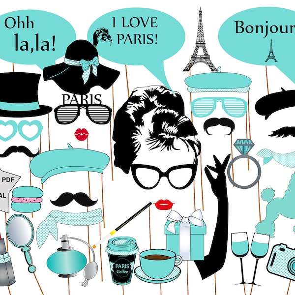 Breakfast at Tiffany's Photo Booth Props: "PARIS PARTY PROPS" Printable photo props,Audrey Hepburn,Bridal Shower props,Bachelorette Party