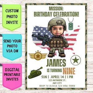 Convite de aniversário de soldado, convite de aniversário com foto de rosto personalizado, cartão de comemoração digital personalizado para festa de aniversário militar