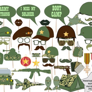May include: Printable photo booth props with a military theme.  The props include a variety of hats, glasses, mustaches, and other items.  The props are printed on white paper with a green camouflage pattern.  The text on the props includes "Army Strong", "I Miss My Soldier", and "Boot Camp".  The text "Printable PDF Not a Physical Item!" is also included.