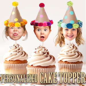 Party Hat Head Photo Cupcake Toppers, Personalized Party Hat Cupcake Topper, Printable Custom Photo Cupcake Topper, Birthday Decor