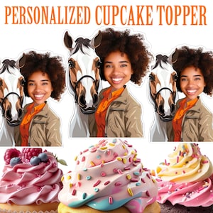 Jockey Cupcake Topper, Personalized Horse Riding Face Cupcake Topper Printable, Custom Photo Girl with Horse Cupcake Topper, Birthday Decor