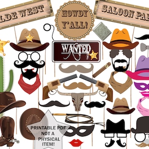 Accessori per Photo Booth da Cowboy: "WESTERN PARTY PROPS" Accessori per Photo Booth per feste del selvaggio West Accessori per Photo Booth Accessori per Photo Booth Western Cartello per Photo Booth Cowgirl