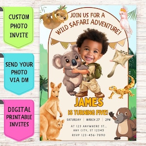 Convite de aniversário Safari Koala personalizado com foto de rosto Convite de aniversário Cartão de celebração digital personalizado para festa de aniversário de animais para crianças