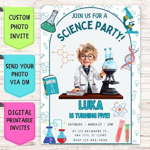 Convite de aniversário de cientista, convite de aniversário com foto de rosto personalizado, cartão de comemoração digital personalizado para festa de aniversário de ciência