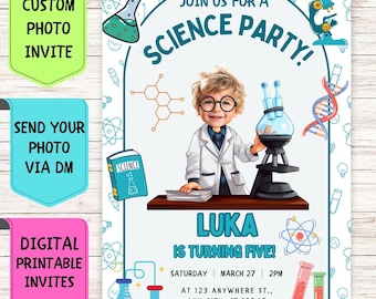 Scientist Birthday Invitation, Custom Face Photo Birthday Invitation, Digital Personalized Celebration Card for Science Birthday Party