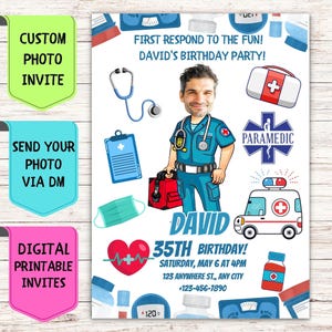 Convite de aniversário para paramédico, convite de aniversário com foto de rosto personalizado, cartão de comemoração digital personalizado para festa de aniversário de paramédico