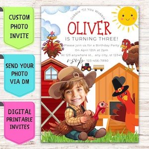 Convite de aniversário de fazendeiro com peru, convite de aniversário com foto de rosto personalizado, cartão comemorativo digital personalizado para festa de aniversário de fazendeiro