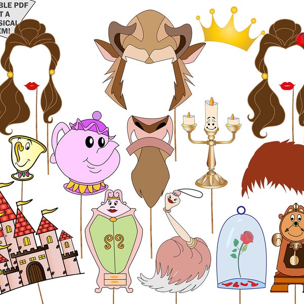 Beauty and the Beast Photo Booth Props: "BEAUTY BEAST PARTY" Party Printables,Beast castle,Party masks,Party supplies,Party Photobooth