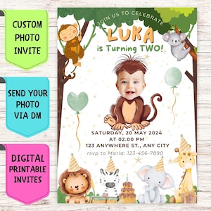 Convite de aniversário de macaco, convite de aniversário com foto de rosto personalizado, cartão de comemoração digital personalizado para festa de aniversário de macaco infantil
