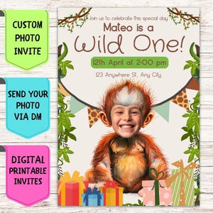 Convite de aniversário de macaco, convite de aniversário com foto de rosto personalizado, cartão de comemoração digital personalizado para festa de aniversário de macaco infantil