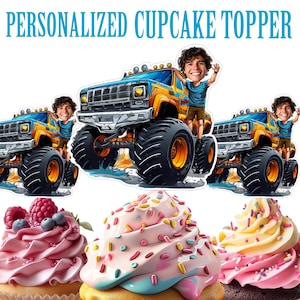 Monster Truck Head Cupcake Topper, Personalized Monster Truck Driver Face Cupcake Topper, Printable Custom Photo Truck Driver Cupcake Topper