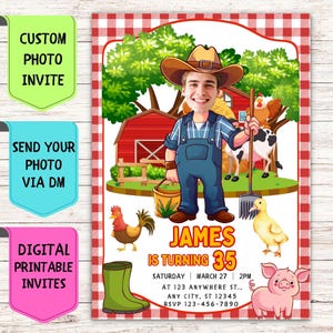 Convite de aniversário de fazendeiro, convite de aniversário com foto personalizada, cartão comemorativo digital personalizado para festa de aniversário de fazendeiro