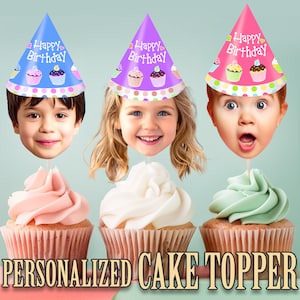 Party Hat Head Photo Cupcake Toppers, Personalized Party Hat Cupcake Topper, Printable Custom Photo Cupcake Topper, Birthday Decor