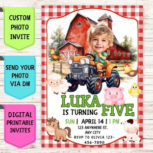 Convite de aniversário para motorista de trator, convite de aniversário com foto de rosto personalizado, cartão de comemoração digital personalizado para festa de aniversário de fazendeiro