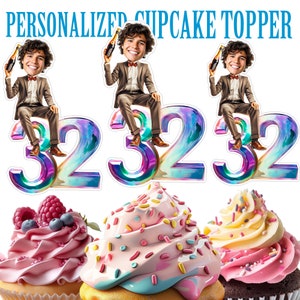Birthday Cupcake Topper, Personalized Girl Face with Age Cupcake Topper, Printable Custom Photo Birthday Cupcake Topper, Birthday Decor