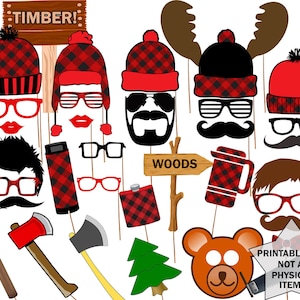 May include: A set of 12 printable photo booth props with a lumberjack theme. The props include a variety of hats, glasses, mustaches, and other accessories. The props are printed on white paper and are ready to be cut out and used.