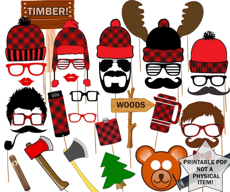 May include: A set of 12 printable photo booth props with a lumberjack theme. The props include a variety of hats, glasses, mustaches, and other accessories. The props are printed on white paper and are ready to be cut out and used.