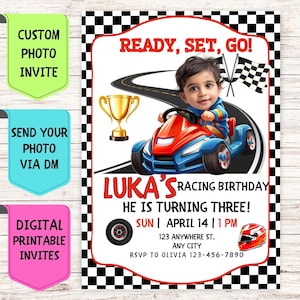 Faire-part d'anniversaire de pilote de voiture de course, faire-part d'anniversaire avec photo de visage personnalisée, carte de célébration numérique personnalisée pour fête d'anniversaire de pilote
