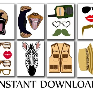 Puede incluir: Un conjunto de 10 accesorios de cabina de fotos imprimibles de animales de safari. Los accesorios incluyen un le&oacute;n, una cebra, un mono, gafas de sol, un bigote, labios, un chaleco de safari, un sombrero de safari y un walkie-talkie. Los accesorios son perfectos para una fiesta con tem&aacute;tica de safari.