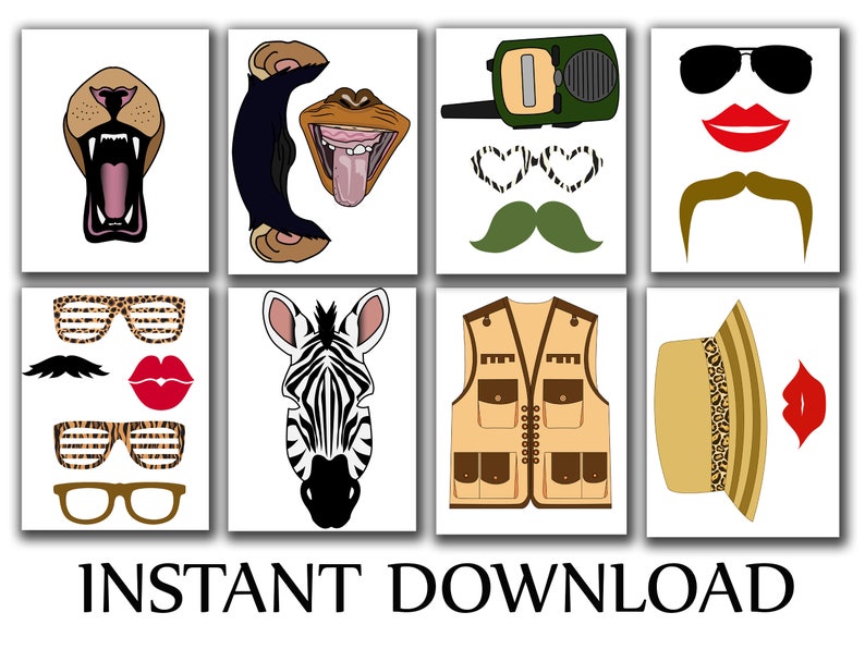 Puede incluir: Un conjunto de 10 accesorios de cabina de fotos imprimibles de animales de safari. Los accesorios incluyen un le&oacute;n, una cebra, un mono, gafas de sol, un bigote, labios, un chaleco de safari, un sombrero de safari y un walkie-talkie. Los accesorios son perfectos para una fiesta con tem&aacute;tica de safari.