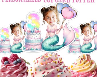 Gepersonaliseerde cupcaketopper met zeemeermingezicht: verjaardagsdecoratie (digitaal bestand)