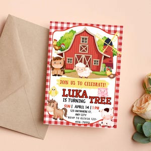 Convite de aniversário de fazenda, convite de aniversário personalizado, cartão de comemoração digital personalizado para festa de animais de fazenda de aniversário infantil