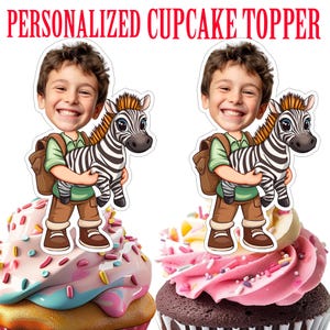 Boy and Zebra Cupcake Topper, Personalized Safari Zebra Cupcake Topper, Printable Custom Photo Safari Boy Cake Topper, Birthday Decor
