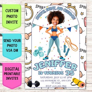 May include: A digital invitation featuring a cartoon illustration of a woman in fitness clothing. The invitation includes the text "Stretch, Sweat, and Celebrate" and "Jeniffer is turning 35". The design incorporates dumbbells, a skipping rope, and a yoga mat.