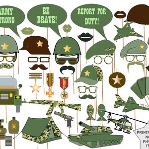 May include: A set of printable military themed photo booth props. The props include a variety of hats, glasses, mustaches, guns, a jeep, a tank, a helicopter, a tent, and speech bubbles with phrases like "Army Strong", "Be Brave", and "Report for Duty!"