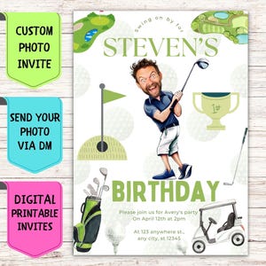 Faire-part d'anniversaire de golfeur, faire-part d'anniversaire avec photo de visage personnalisée, carte de célébration numérique personnalisée pour fête d'anniversaire de golf