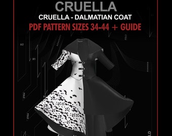 Patron PDF Cruella de vil kostüm deville TAILLES 34 - 44 + guide pour Cosplay / cruella abrigo - patron TALLAS 34-44 + guide