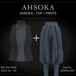 Peut inclure: Un patron PDF numérique pour un ensemble haut et pantalon intitulé AHSOKA. Le haut sans manches présente une encolure croisée gris foncé. Le pantalon est bleu-gris texturé avec des plis verticaux marqués. Tailles 34-44 en téléchargement.