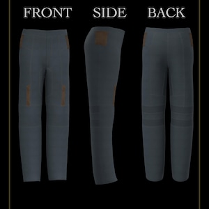 May include: A pair of dark gray pants shown from the front, side, and back views. The pants feature brown rectangular accents on the upper hips and lower thighs, with visible stitching details and horizontal bands around the knee areas.