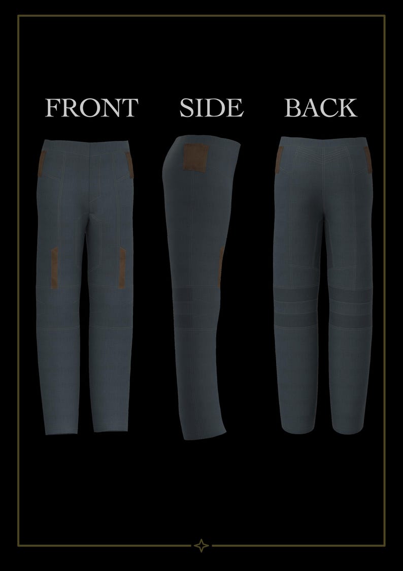 May include: A pair of dark gray pants shown from the front, side, and back views. The pants feature brown rectangular accents on the upper hips and lower thighs, with visible stitching details and horizontal bands around the knee areas.
