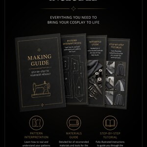 May include: A black making guide set featuring four instructional cards with gold text and line art illustrations. The cards include a pattern interpretation guide, a materials guide with sewing tools, and a step-by-step tutorial for a hooded cloak.