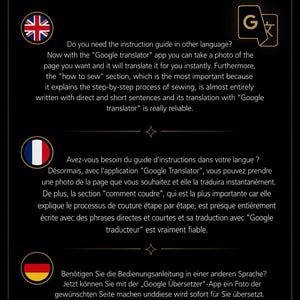 May include: A black informational graphic with gold accents and text that reads USE GOOGLE TRANSLATOR. It features icons for the UK, France, and Germany, and provides instructions on using the Google Translator app to translate sewing guides.