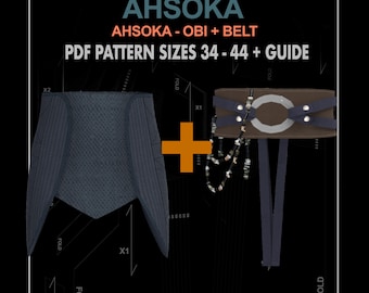 May include: A digital PDF pattern for a blue and brown Ahsoka Tano costume, including a belt and obi. The pattern includes sizes 34-44 and a guide.