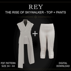 Op de afbeelding: Een digitaal PDF-patroon voor een Rey The Rise of Skywalker top en broek set, maten 34-44. De afbeelding toont een lichtgekleurde mouwloze tuniek met een wikkelstijl lijfje en lange gedrapeerde panelen, naast een aansluitende broek met kniedetails.