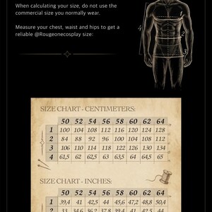May include: A size chart graphic on a black background featuring a sketch of a human figure with numbered measurement points. Below, a parchment-style table displays sizing data in both centimeters and inches, labeled 1 through 4 for chest, waist, hips, and length, with sizes ranging from 50 to 64.