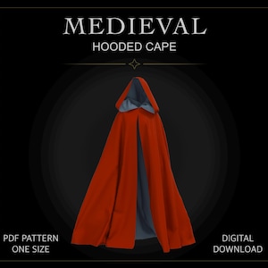 May include: A bright red hooded cape with a grey interior lining. The text MEDIEVAL HOODED CAPE is displayed at the top, with PDF PATTERN ONE SIZE and DIGITAL DOWNLOAD text at the bottom against a dark background.