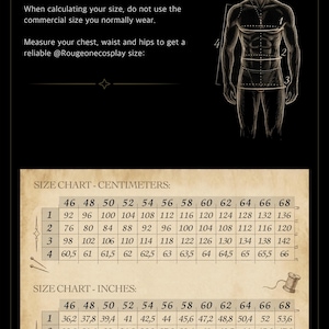 May include: A size chart with a black background and a beige parchment-style table. It features a line drawing of a human figure with numbered measurement points 1 through 4. The text includes instructions and tables for measurements in centimeters and inches.