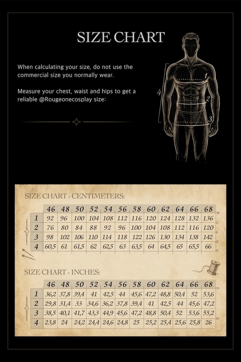 May include: A size chart with a black background and a beige parchment-style table. It features a line drawing of a human figure with numbered measurement points 1 through 4. The text includes instructions and tables for measurements in centimeters and inches.
