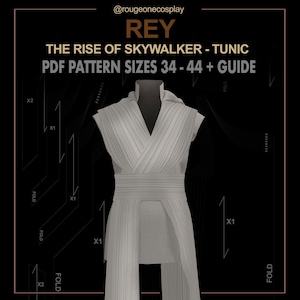 May include: A white tunic pattern for sewing a Rey costume from Star Wars: The Rise of Skywalker. The pattern includes sizes 34-44 and a guide. The pattern is shown on a mannequin.