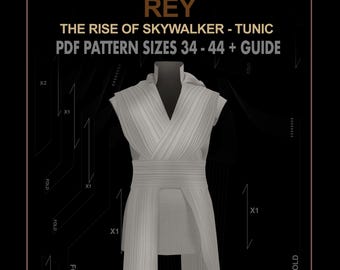 May include: A white tunic pattern for sewing a Rey costume from Star Wars: The Rise of Skywalker. The pattern includes sizes 34-44 and a guide. The pattern is shown on a mannequin.