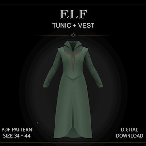 May include: A green tunic and vest set with a high collar and a central textured panel. The text reads ELF TUNIC + VEST, PDF PATTERN, SIZE 34 - 44, and DIGITAL DOWNLOAD. The garment features long sleeves and a long, split-front skirt design.