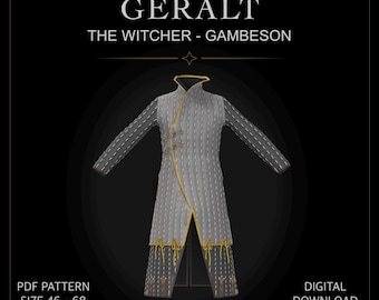 May include: A grey gambeson with long sleeves, a high collar, and a diagonal front closure featuring yellow trim and ties. The garment displays a quilted texture and is labeled GERALT THE WITCHER - GAMBESON, PDF PATTERN, SIZE 46 - 68, DIGITAL DOWNLOAD.